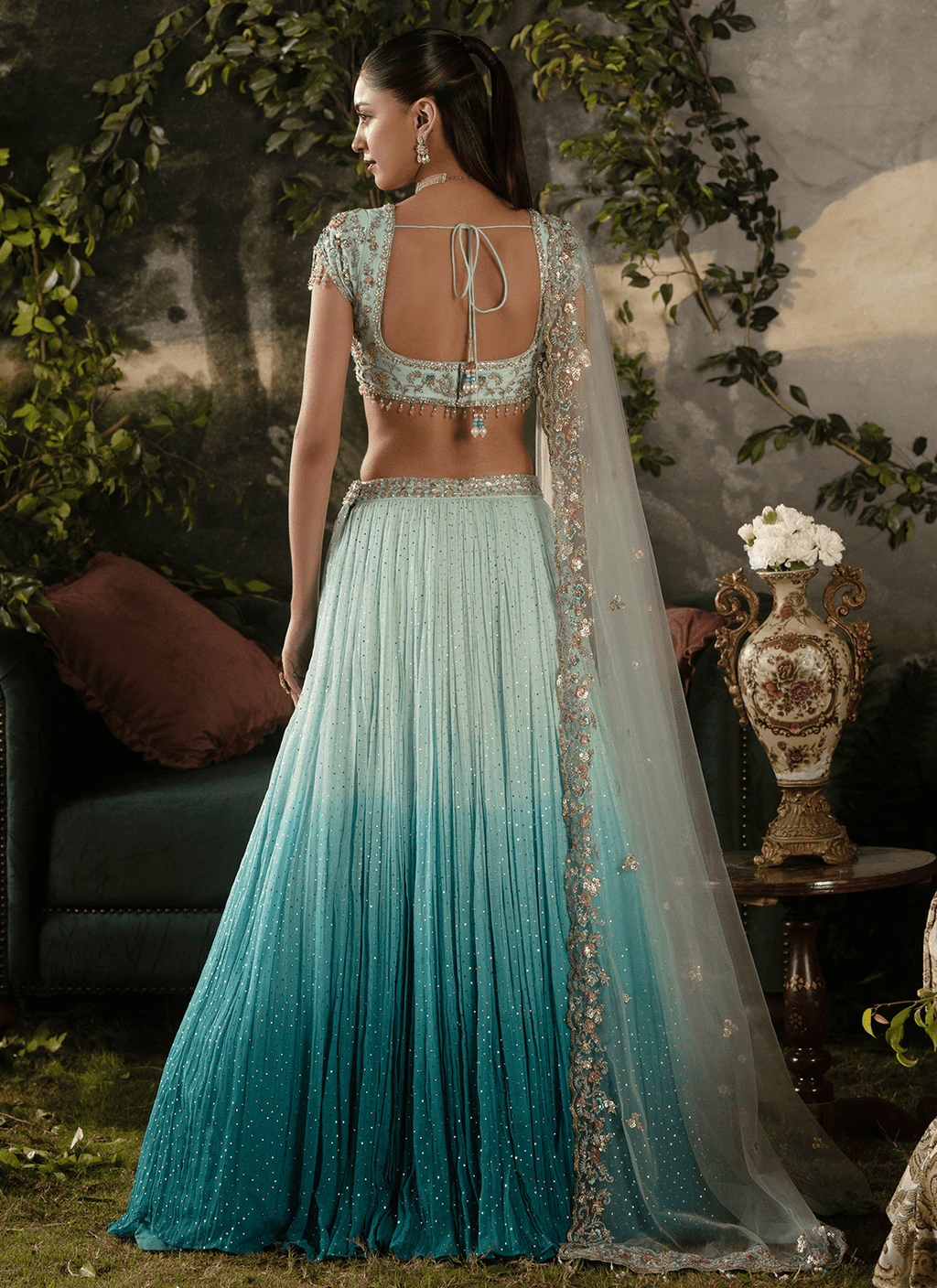 Blue Ombré Embroidered Georgette Lehenga