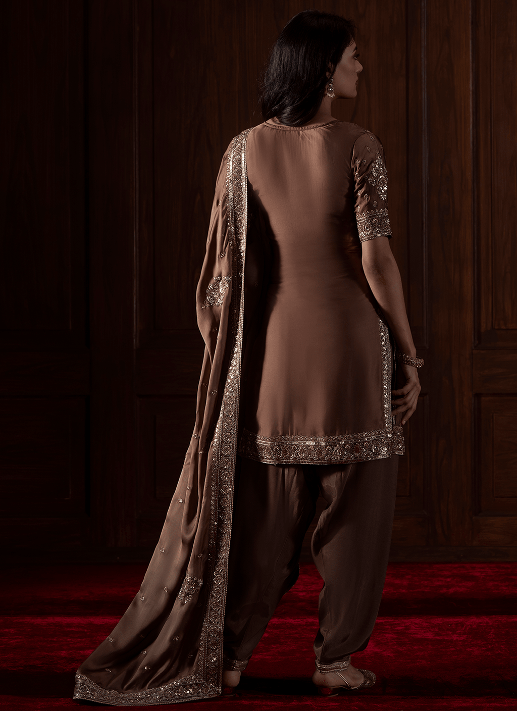 Brown Embroidered Viscose Organza Satin Punjabi Suit
