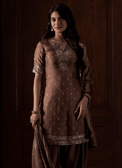 Brown Embroidered Viscose Organza Satin Punjabi Suit