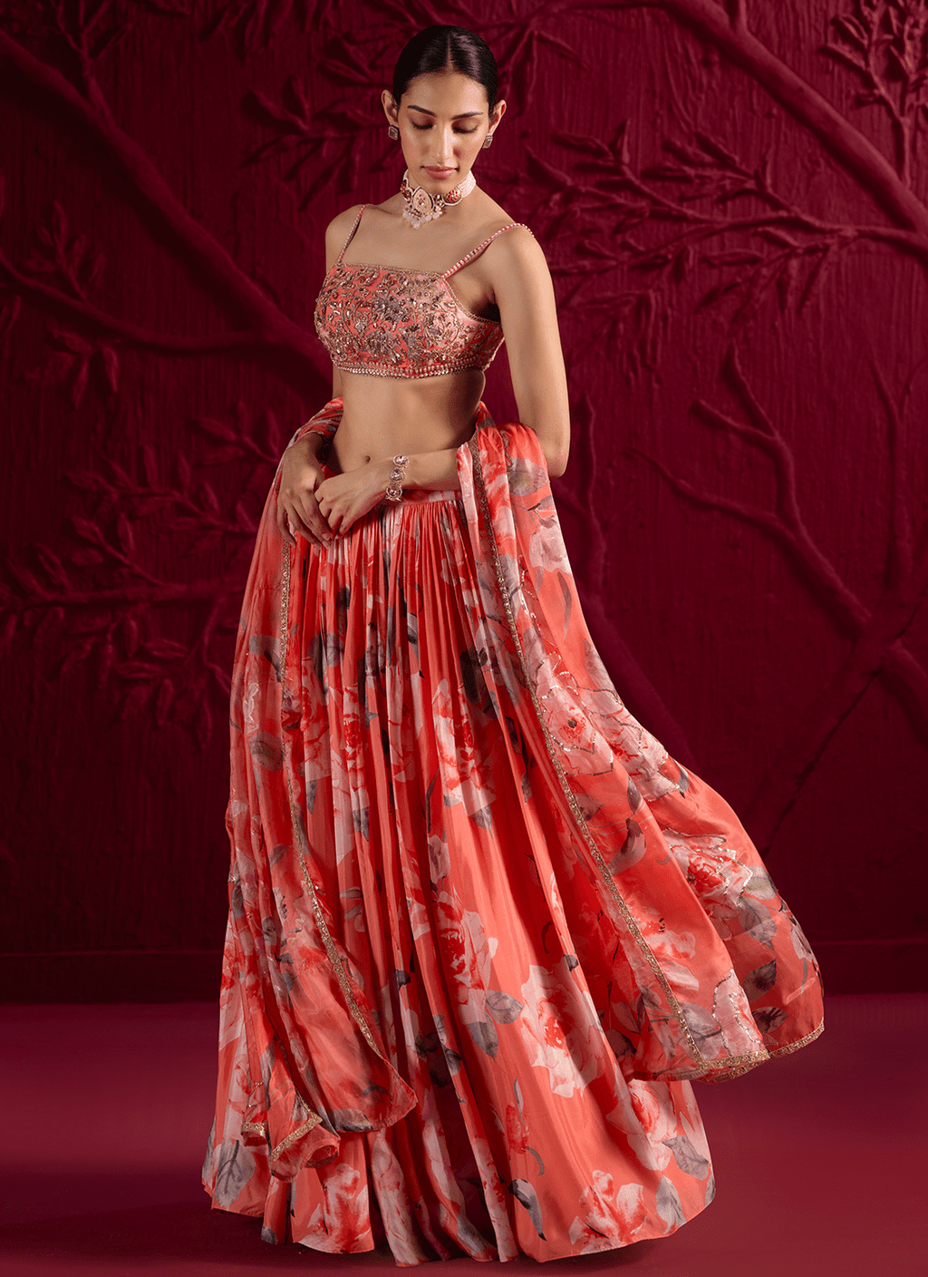 Coral Floral Embroidered Viscose Satin Georgette Lehenga