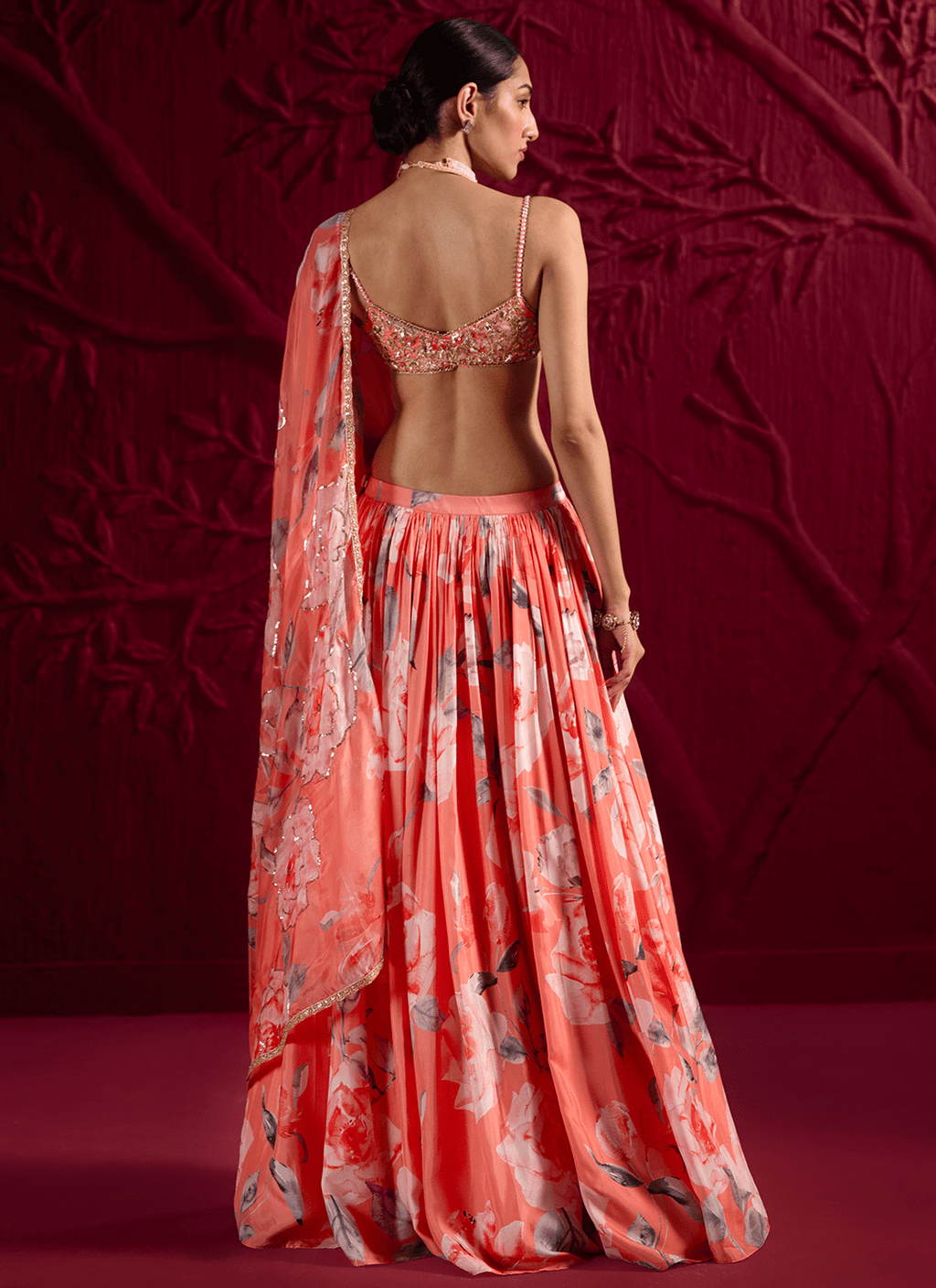 Coral Floral Embroidered Viscose Satin Georgette Lehenga