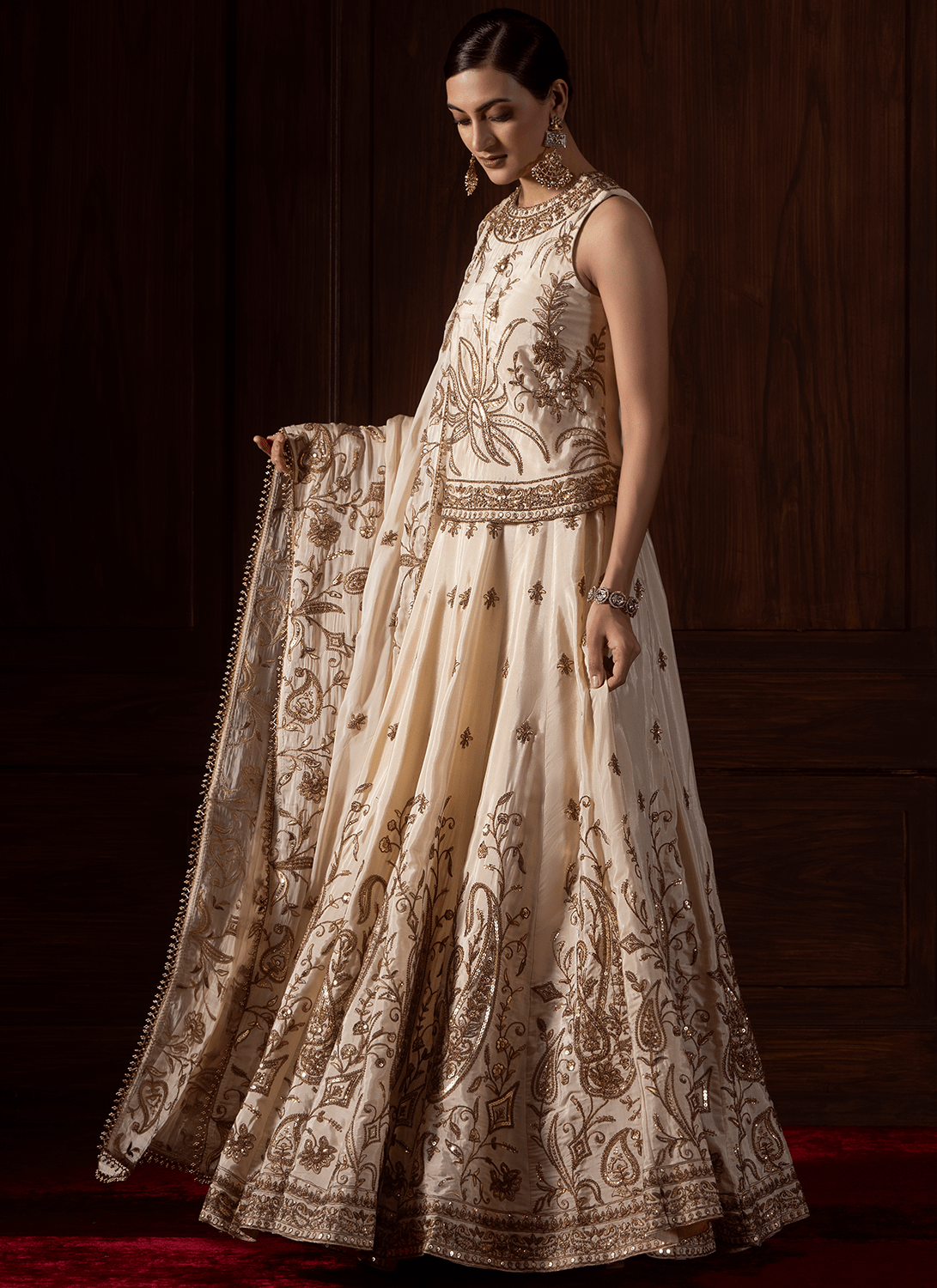 Cream Embroidered Viscose Silk Lehenga