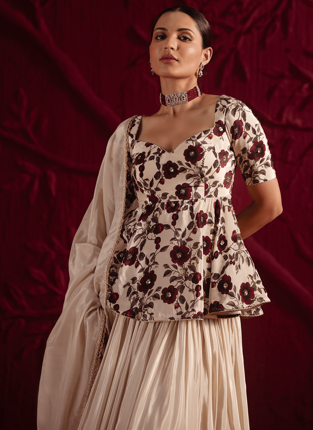 Cream Floral Embroidered Kurti Style Lehenga