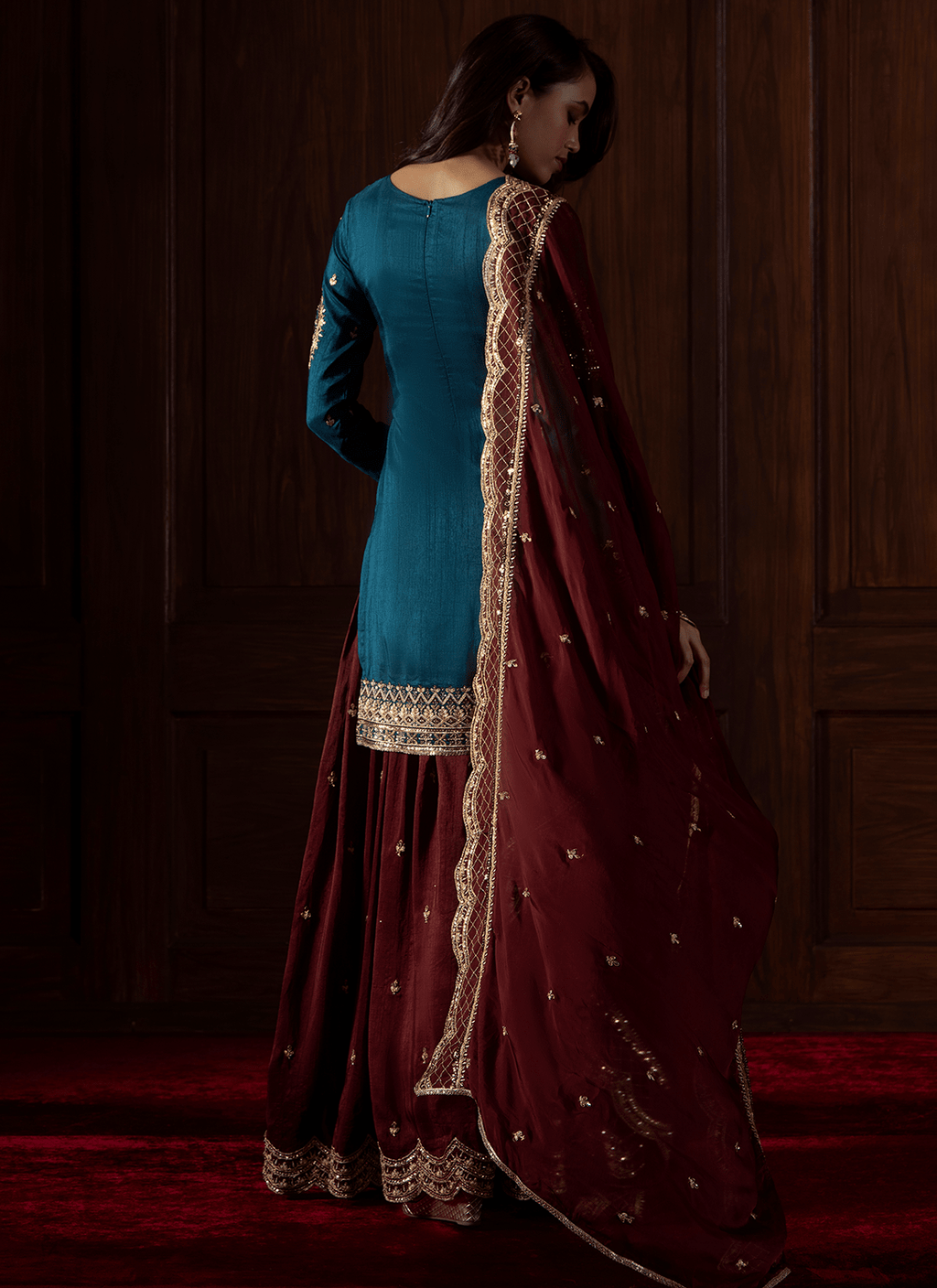 Dark Teal and Plum Embroidered Silk Sharara