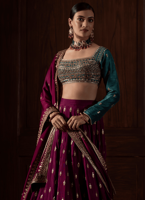 Deep Wine and Teal Embroidered Silk Lehenga