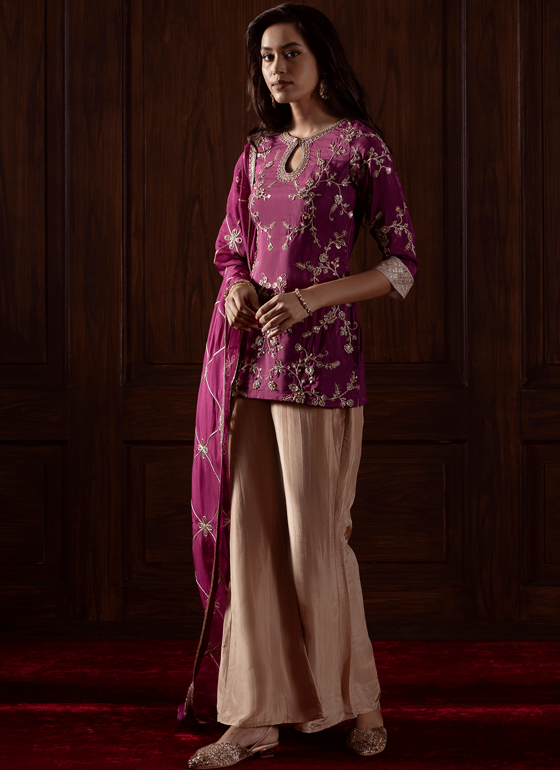 Deep Wine Embroidered Viscose Silk Pant Suit