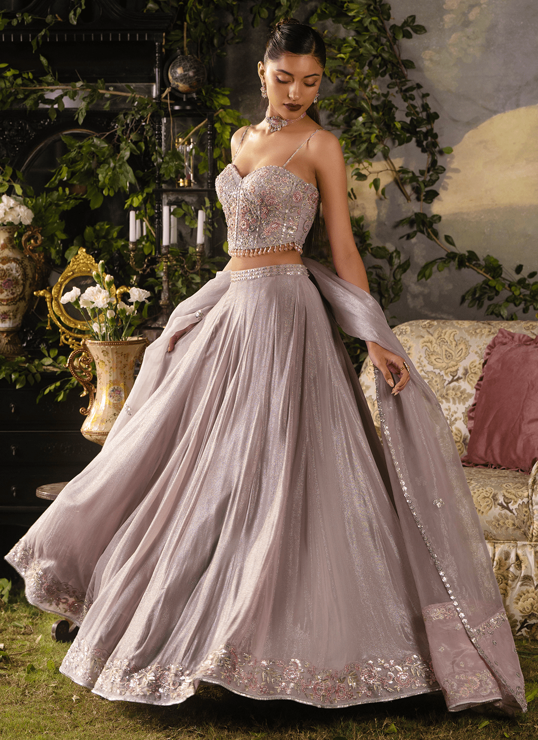 Dusty Mauve Embroidered Georgette Corset Style Lehenga