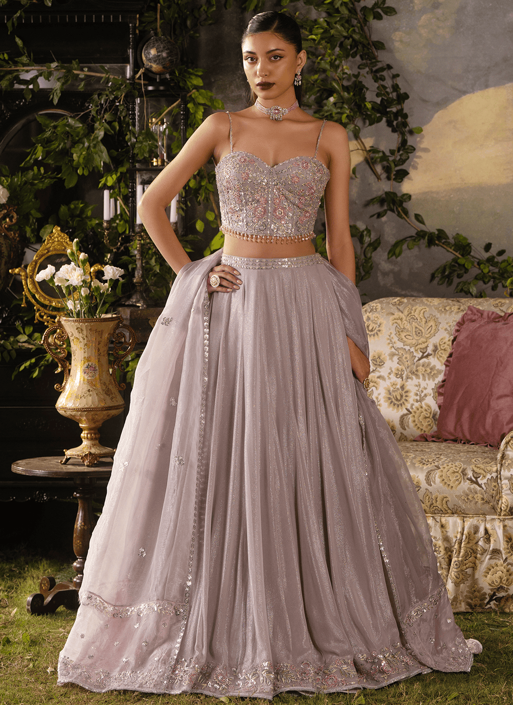 Dusty Mauve Embroidered Georgette Corset Style Lehenga
