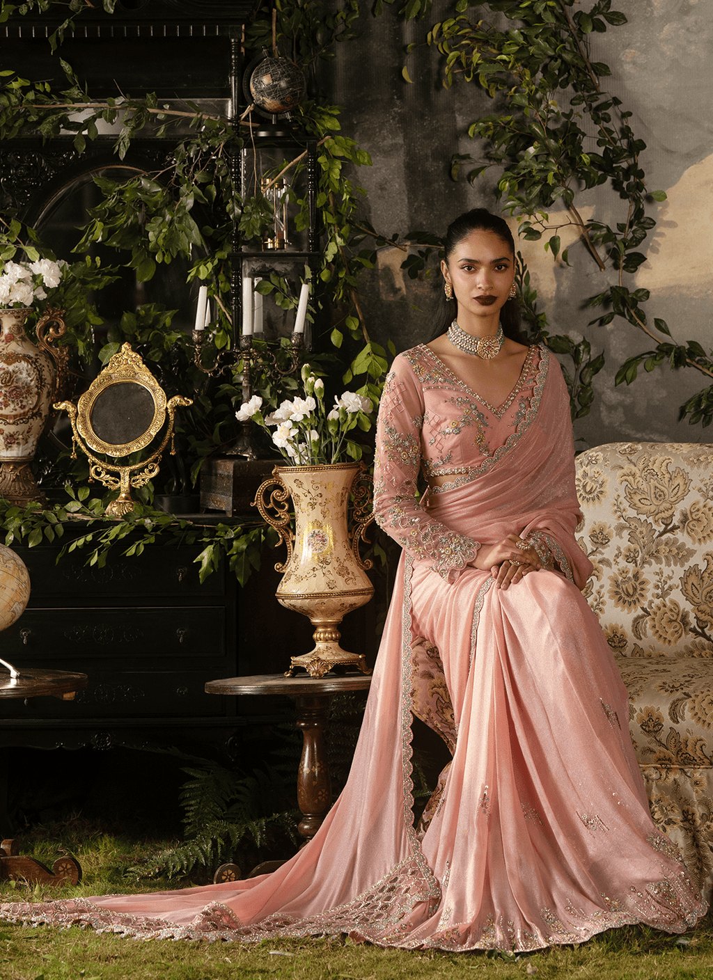 Dusty Peach Embroidered Viscose Georgette Saree
