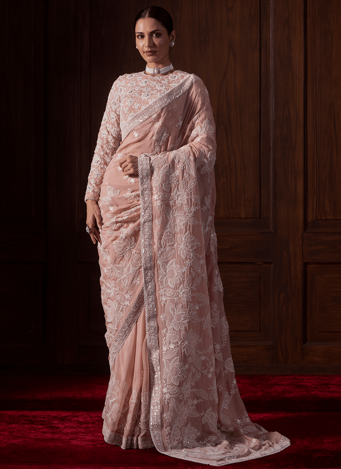 Dusty Peach Embroidered Viscose Organza Saree