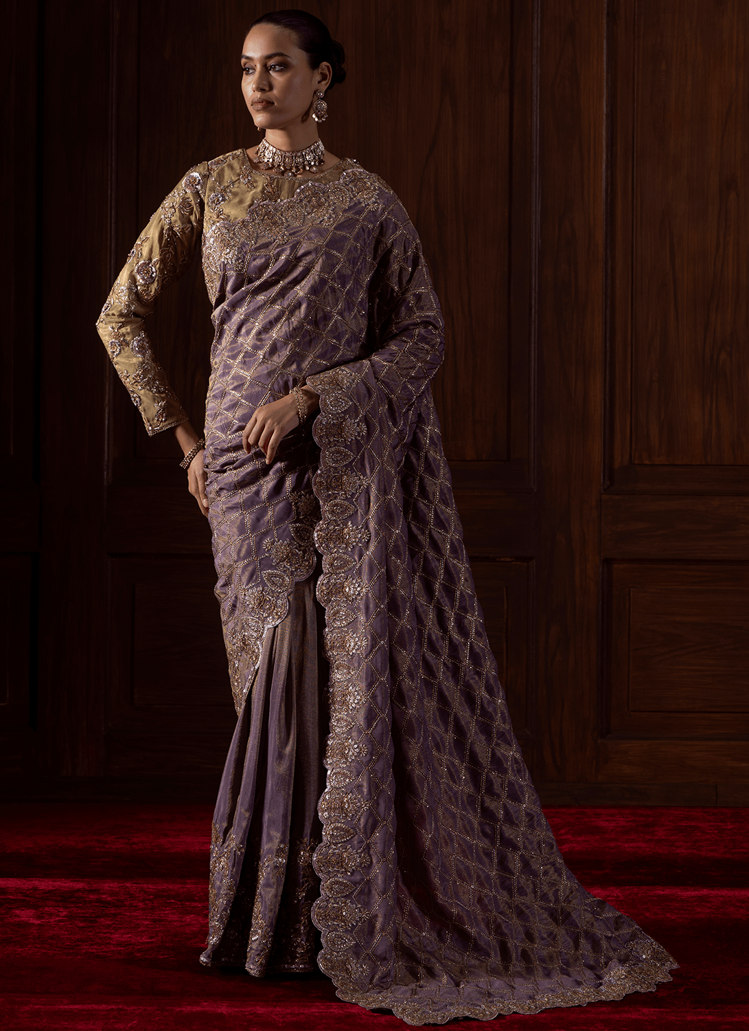 Dusty Purple Embroidered Tissue Organza Saree