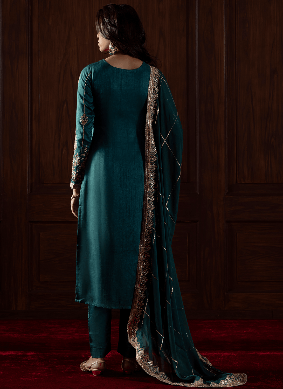 Emerald Green Embroidered Silk Straight Suit