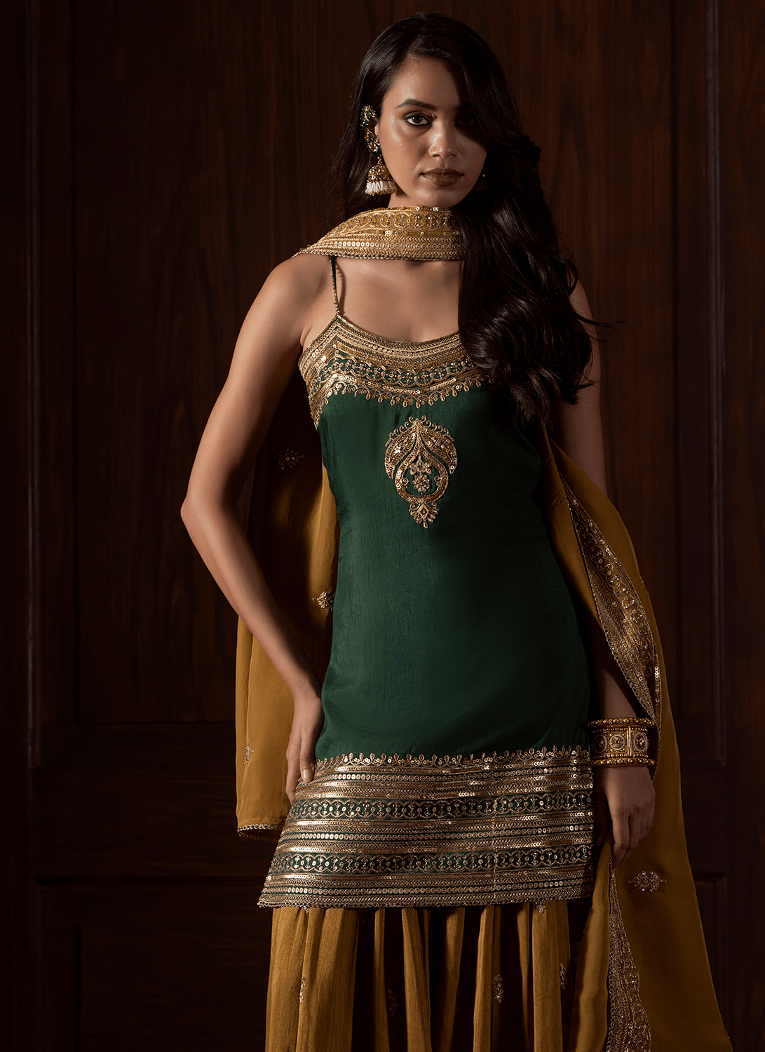 Green and Mustard Embroidered Silk Sharara