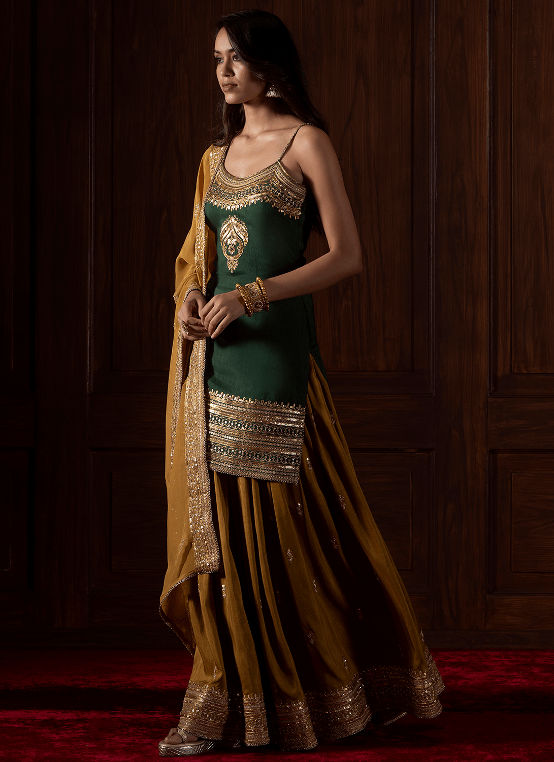 Green and Mustard Embroidered Silk Sharara