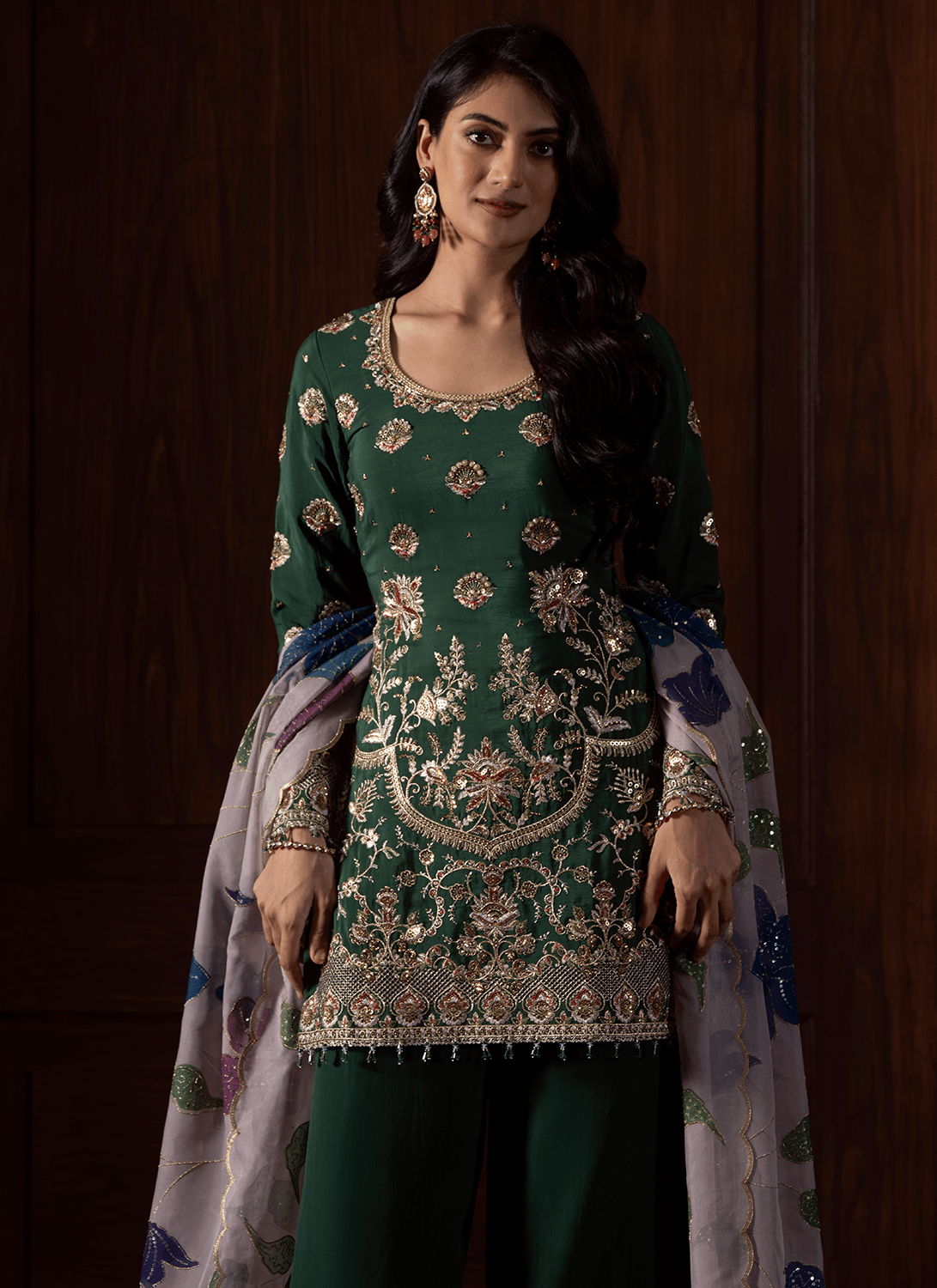 Green Embroidered Crepe Punjabi Suit