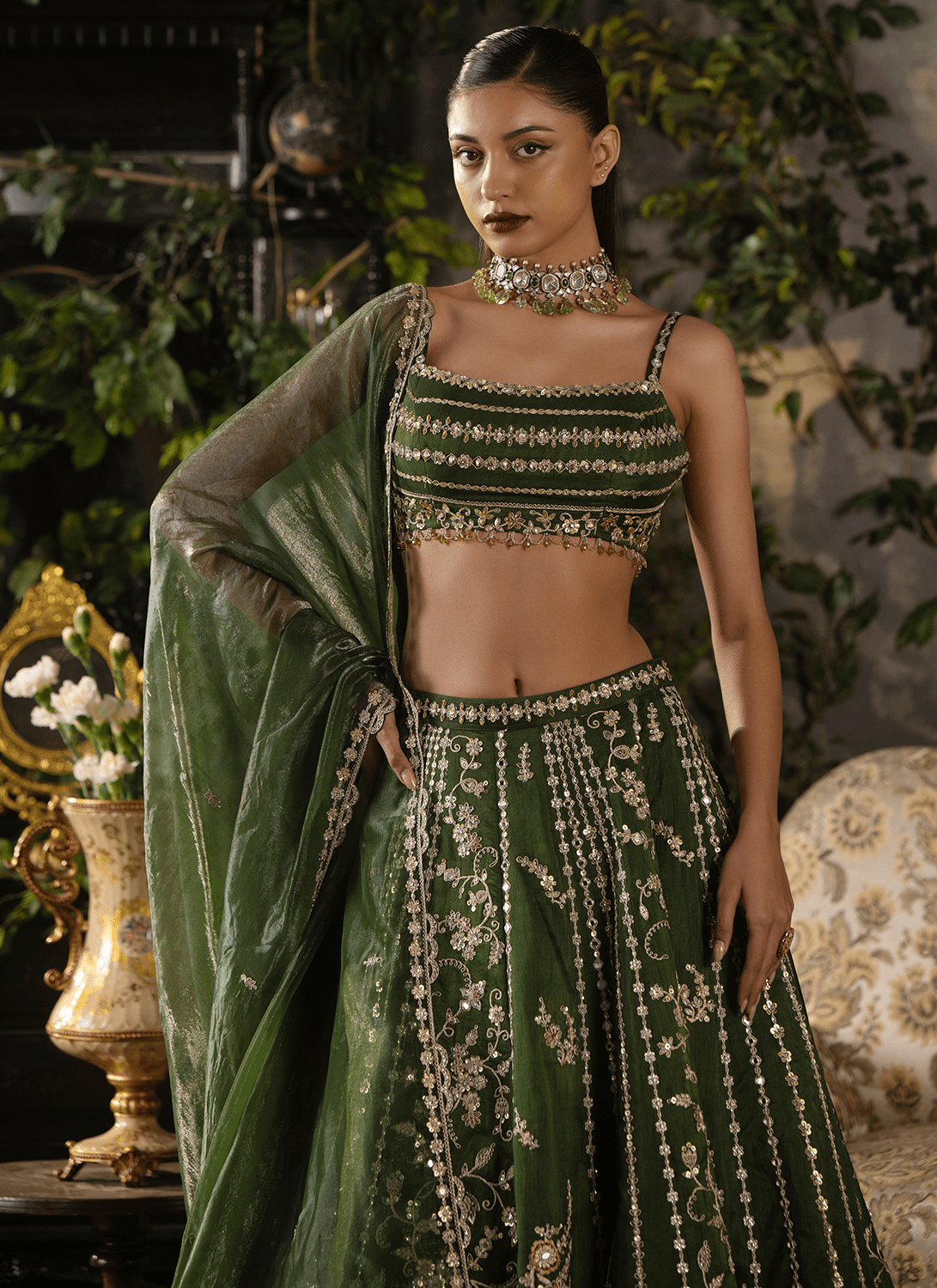 Green Embroidered Silk Lehenga