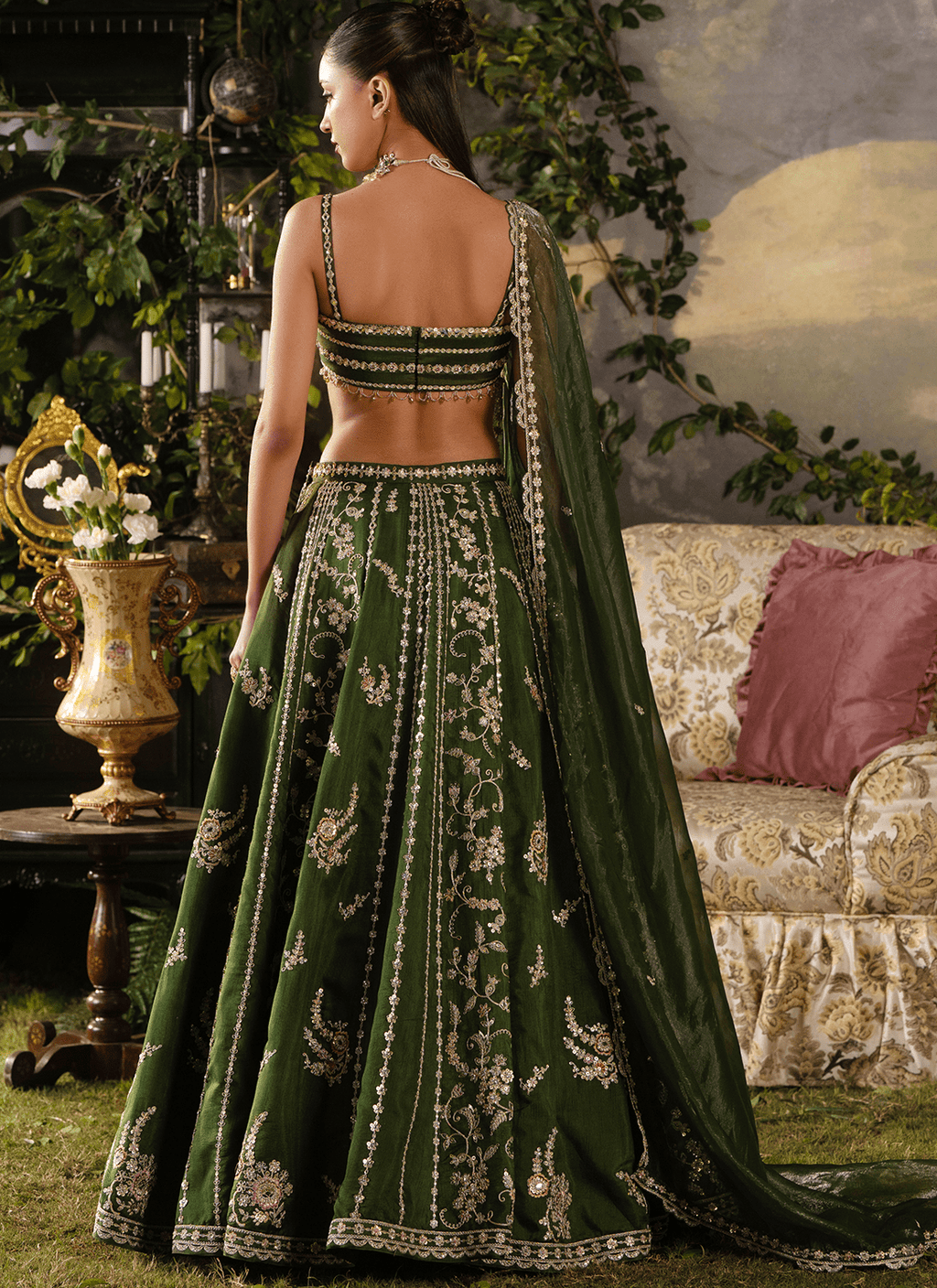 Green Embroidered Silk Lehenga