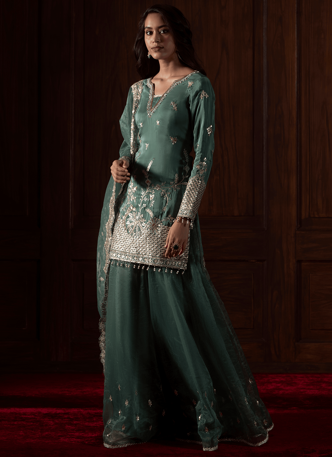 Green Embroidered Silk Sharara