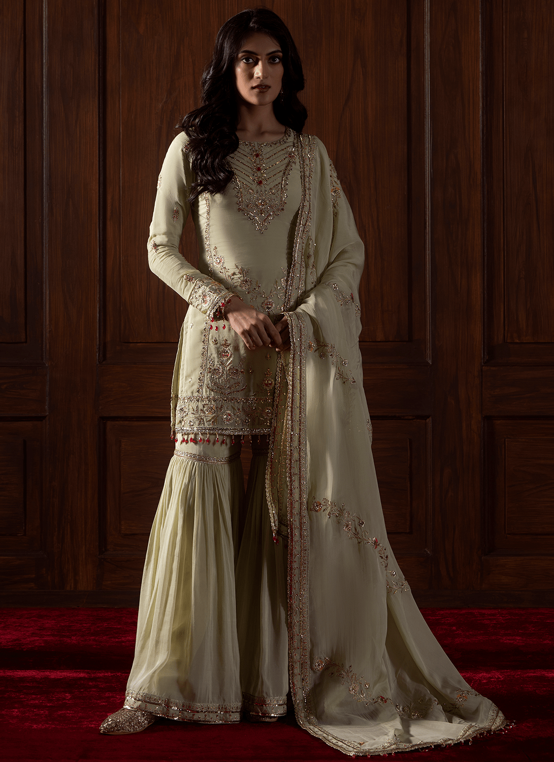 Green Embroidered Viscose Organza Gharara