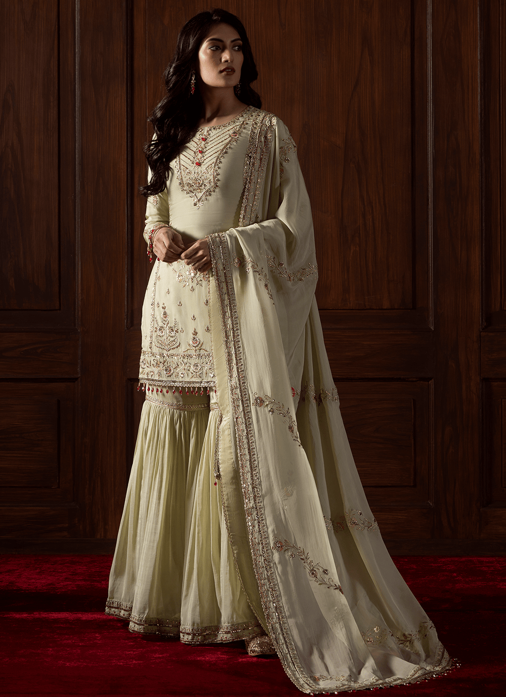 Green Embroidered Viscose Organza Gharara