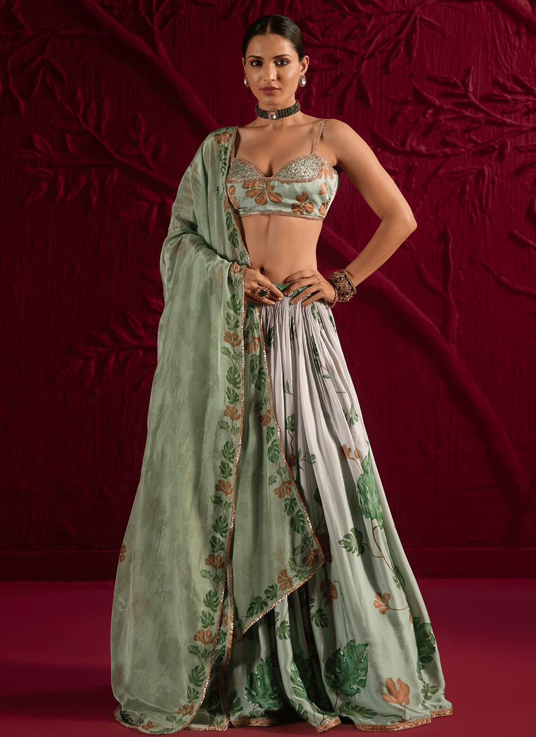Green Floral Embroidered Satin Georgette Lehenga