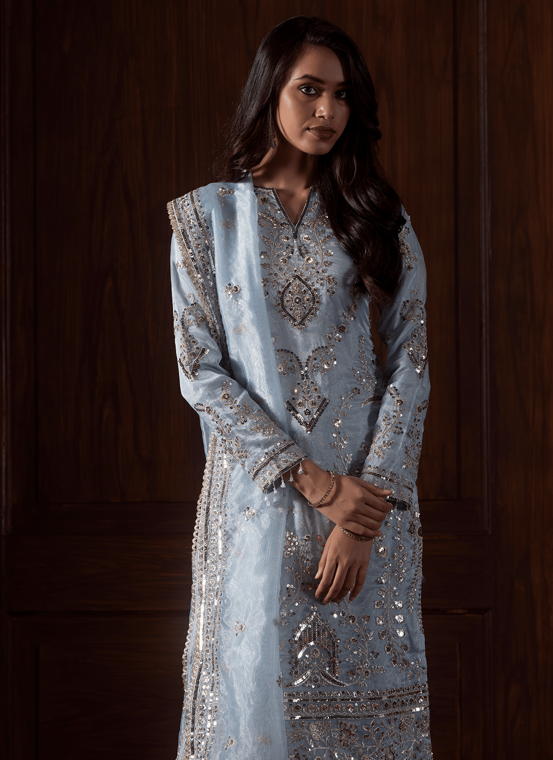 Light Blue Embroidered Silk Palazzo Suit