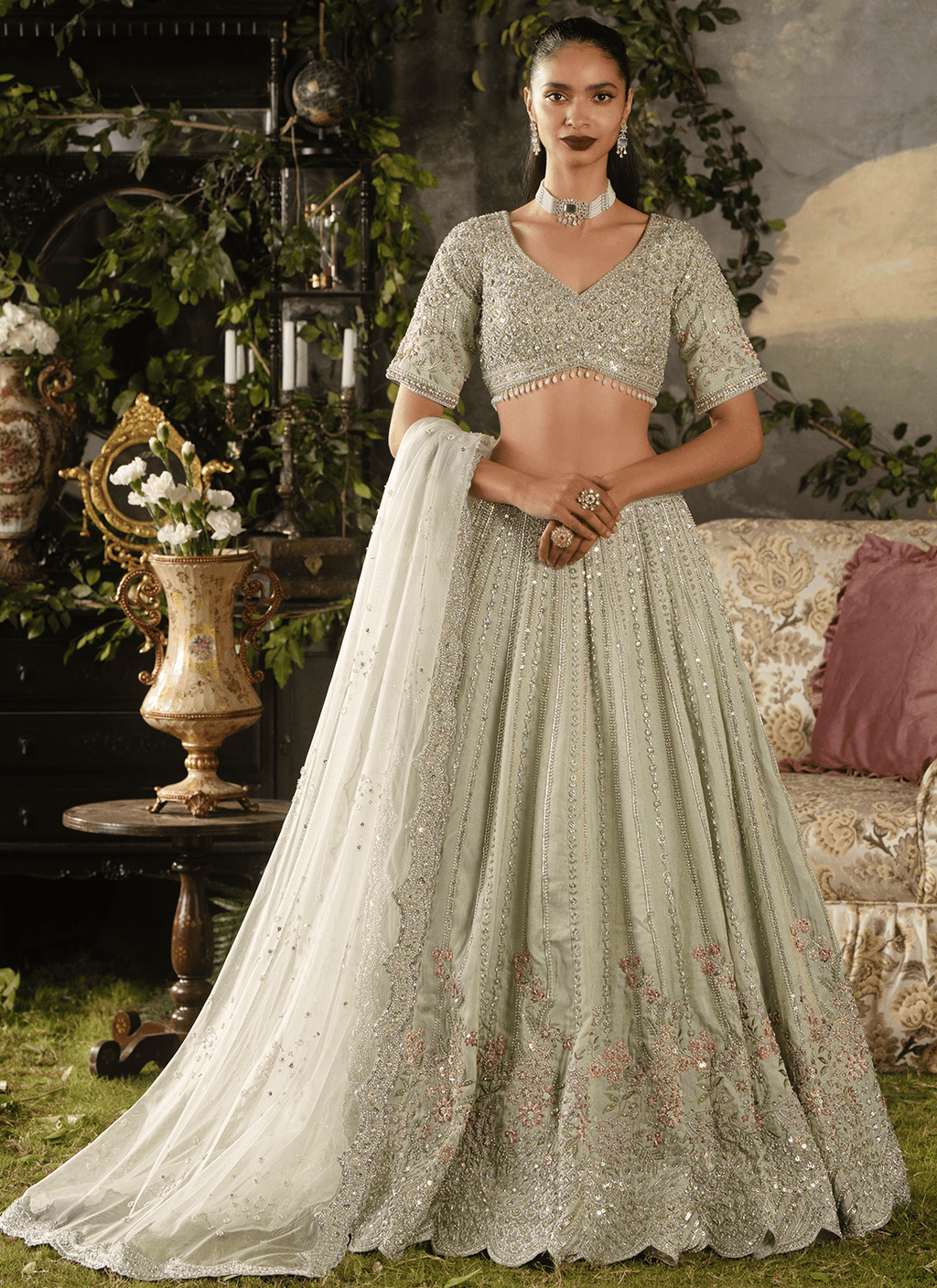 Light Dusty Green Embroidered Tissue Lehenga