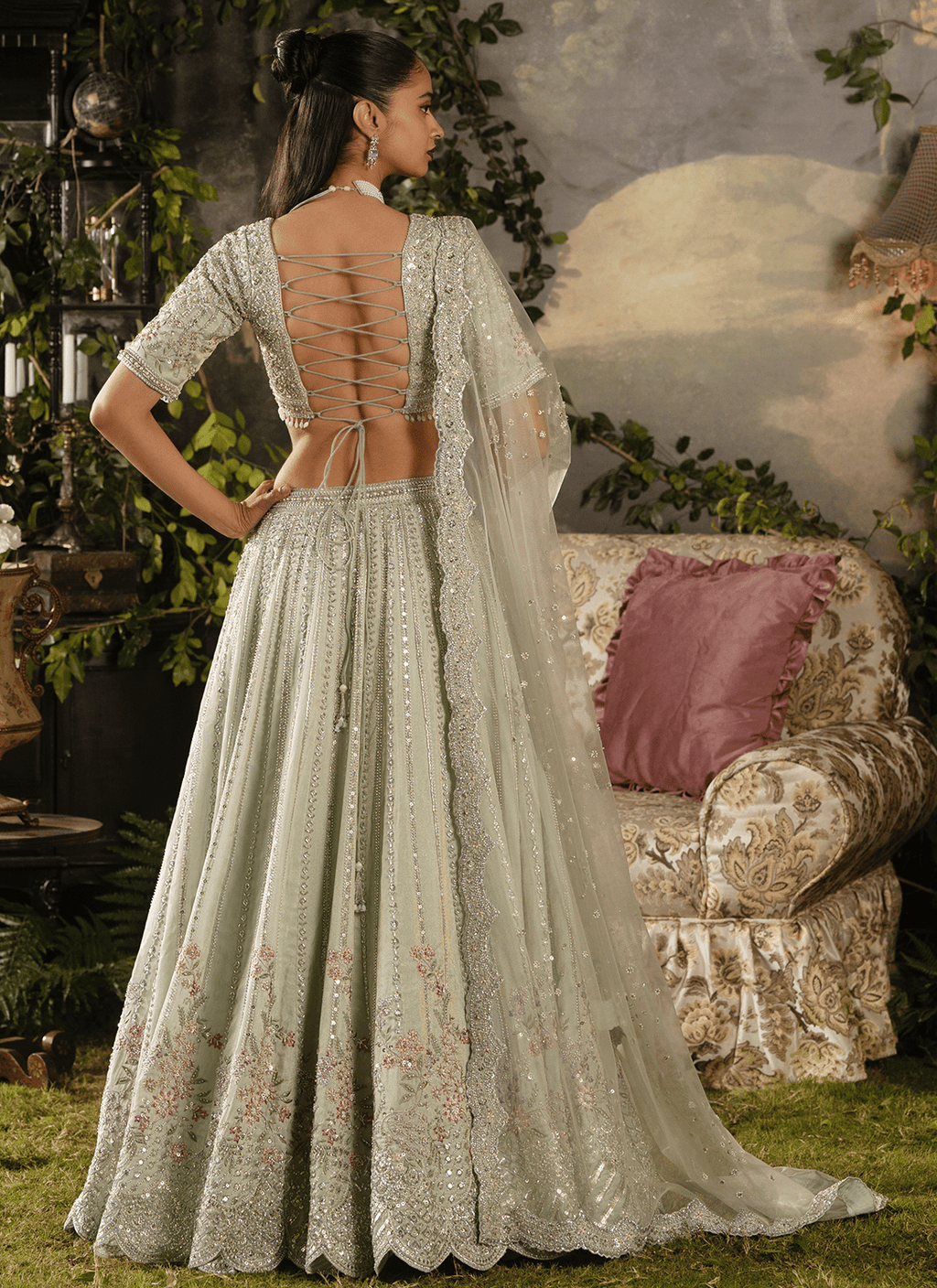 Light Dusty Green Embroidered Tissue Lehenga