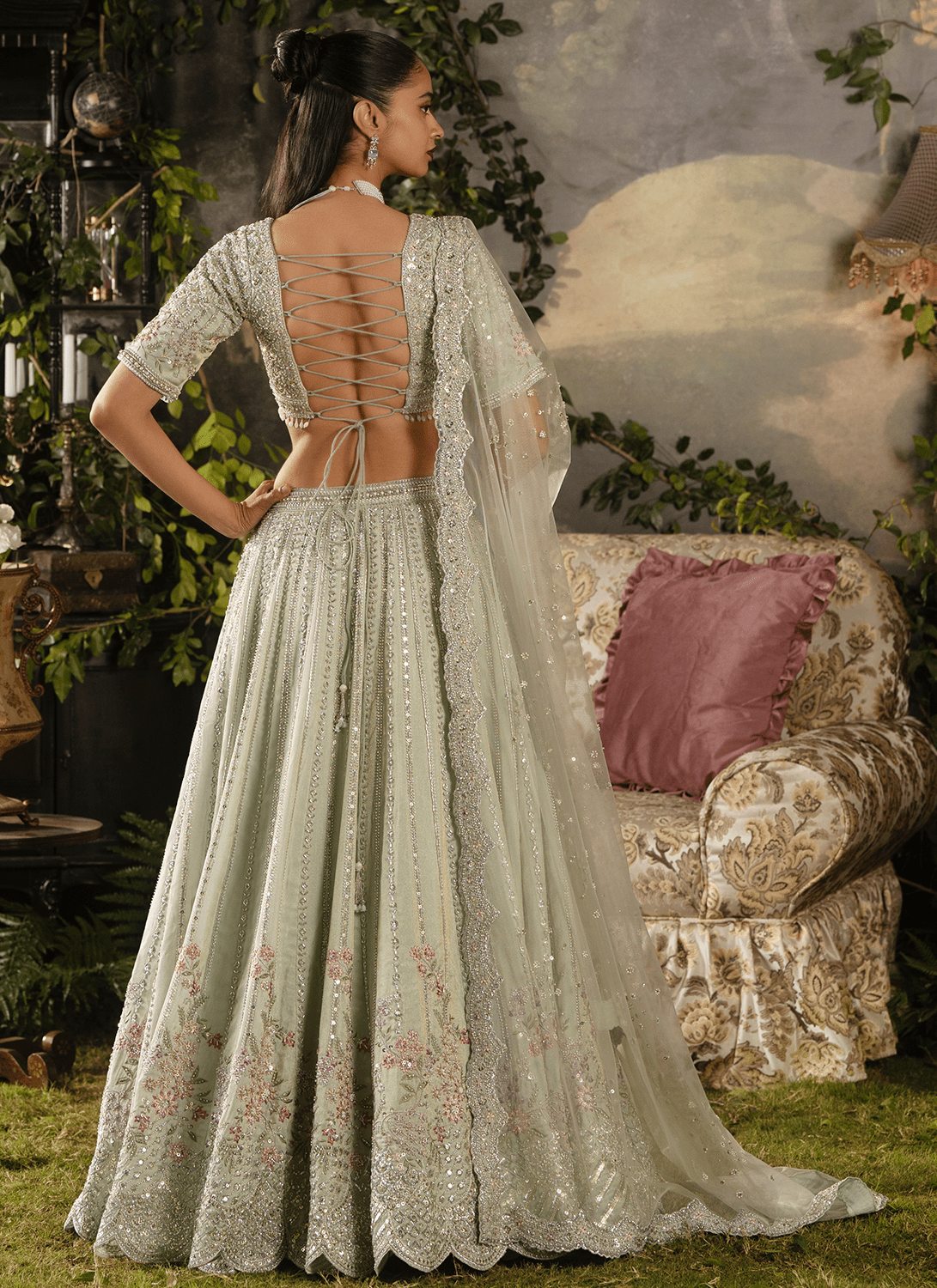 Light Dusty Green Embroidered Tissue Lehenga