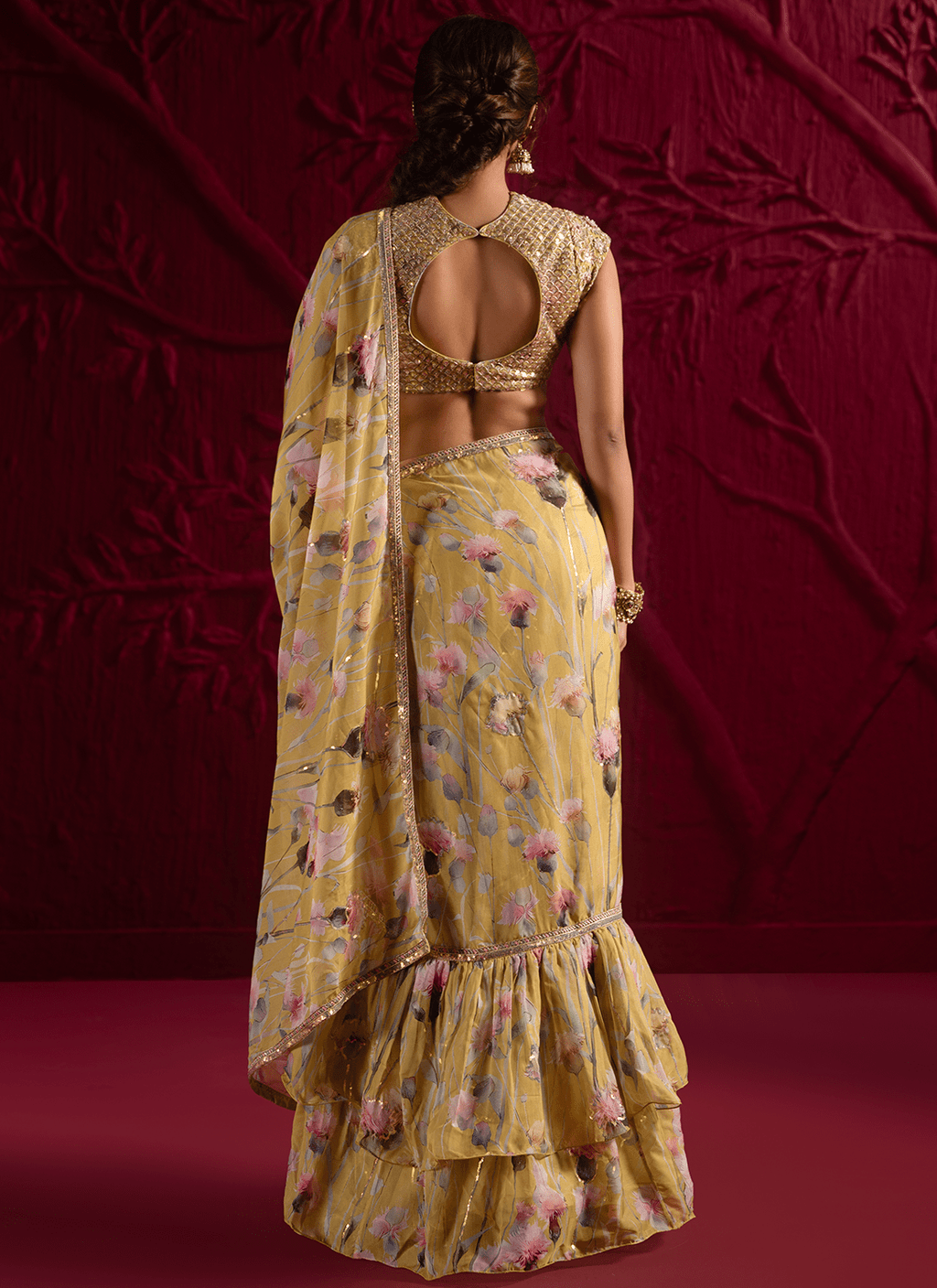 Light Dusty Green Floral Embroidered Organza Saree