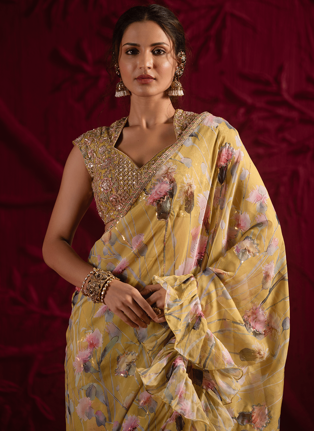 Light Dusty Green Floral Embroidered Organza Saree