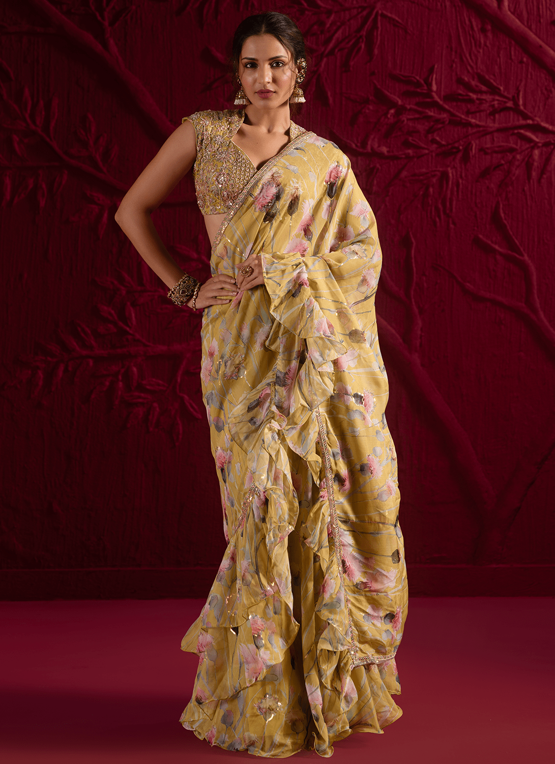Light Dusty Green Floral Embroidered Organza Saree