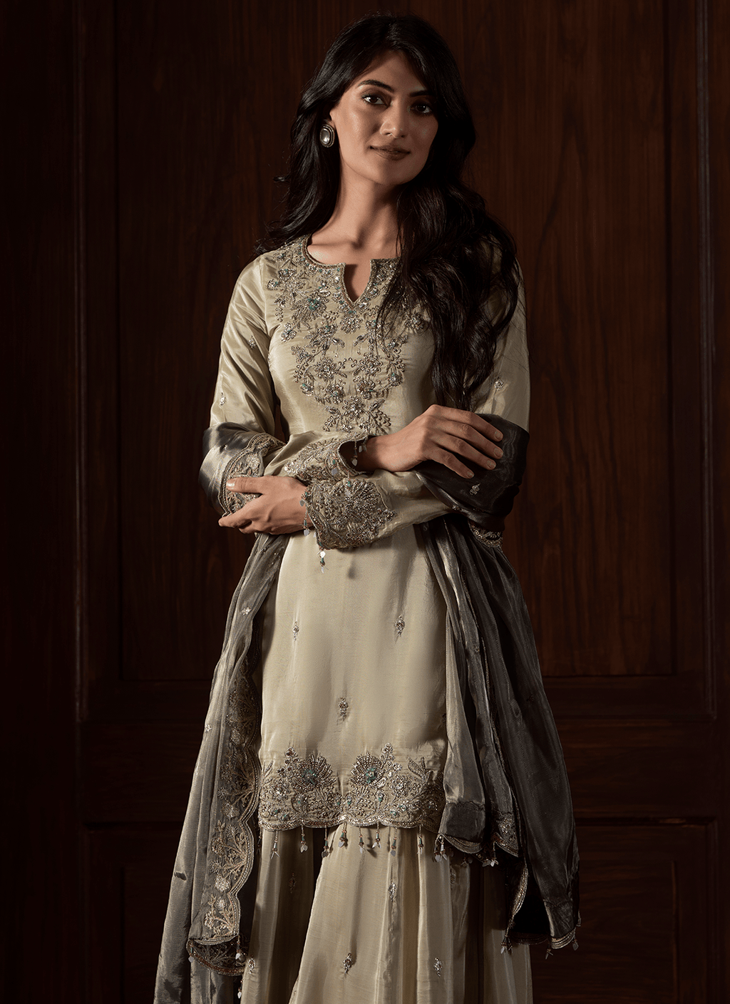 Light Green Embroidered Organza Sharara