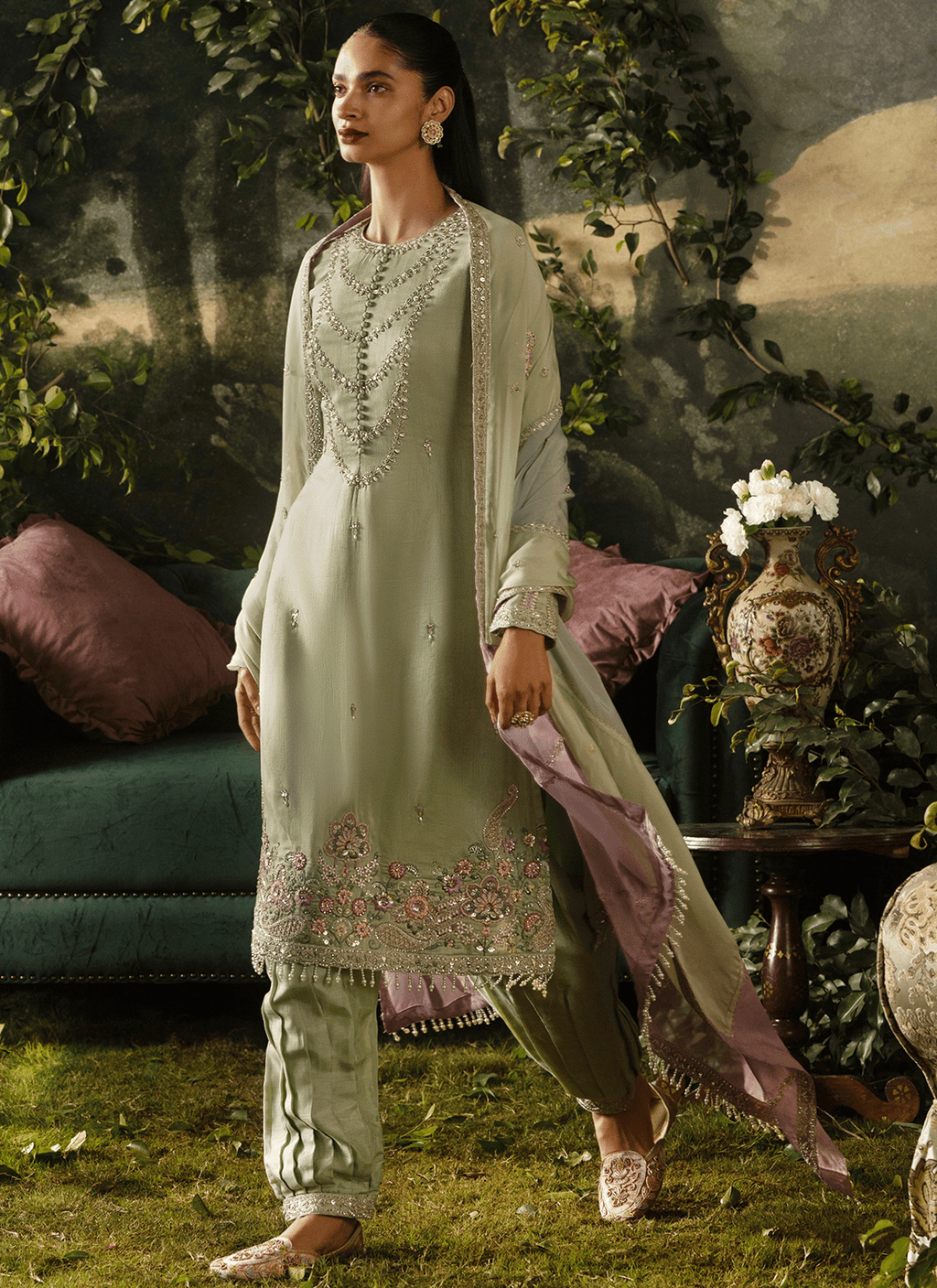 Light Green Embroidered Viscose Silk Salwar Suit