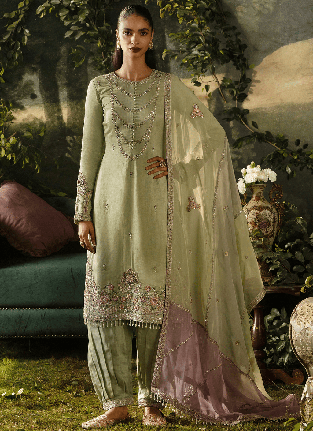 Light Green Embroidered Viscose Silk Salwar Suit