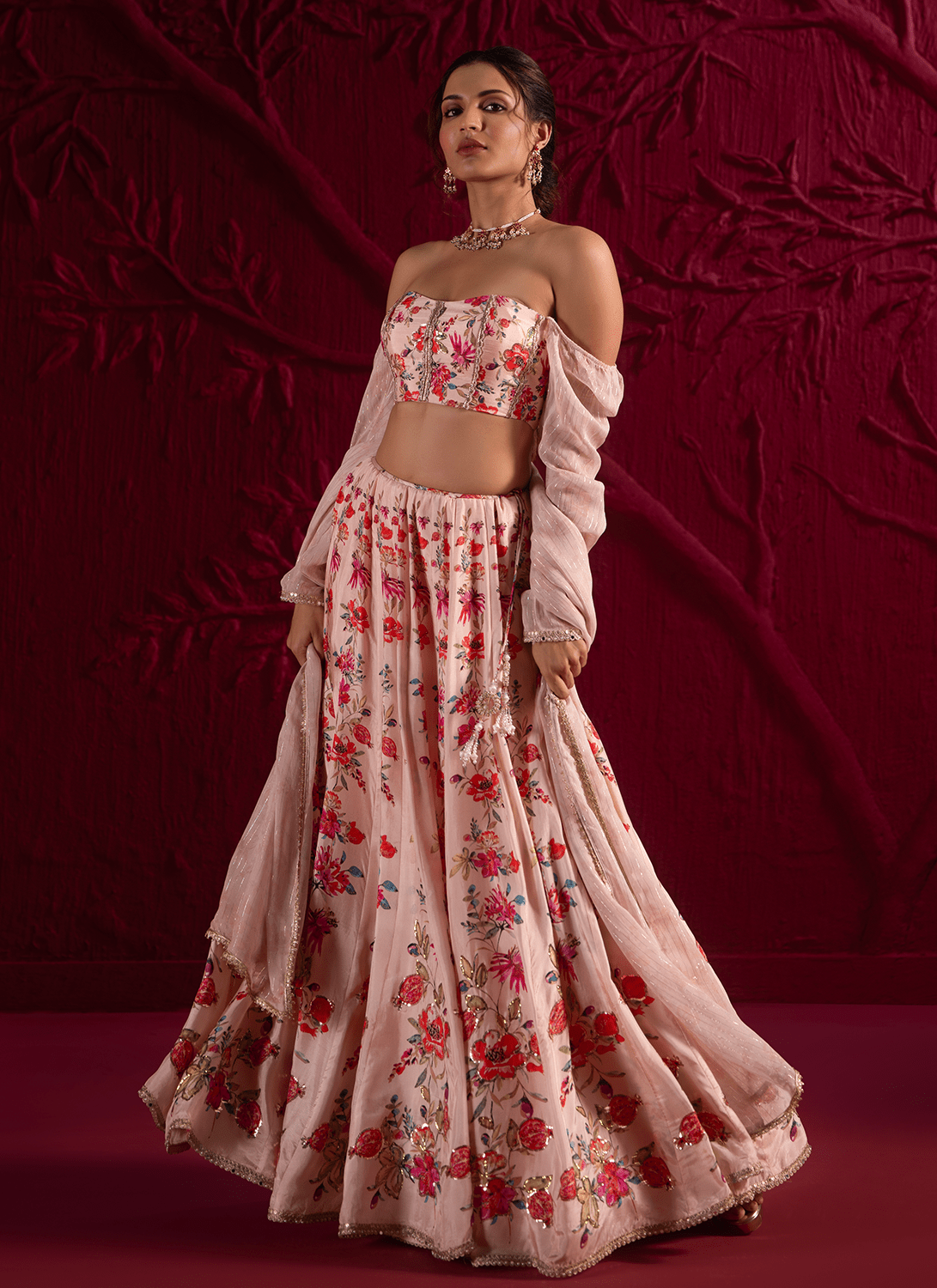 Light Peach Floral Embroidered Crepe Silk Lehenga