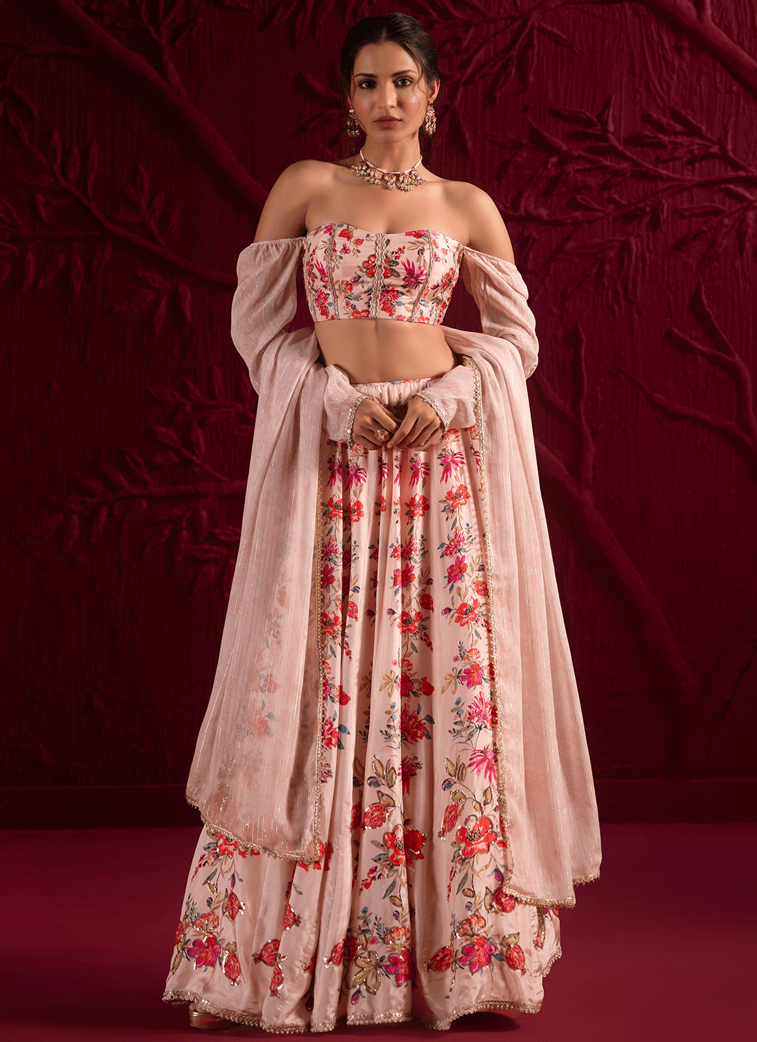Light Peach Floral Embroidered Crepe Silk Lehenga