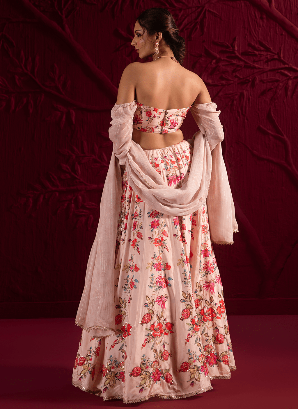 Light Peach Floral Embroidered Crepe Silk Lehenga