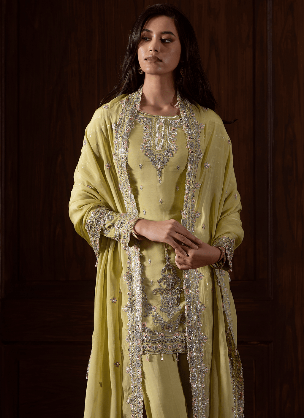 Lime Green Embroidered Viscose Organza Pant Suit