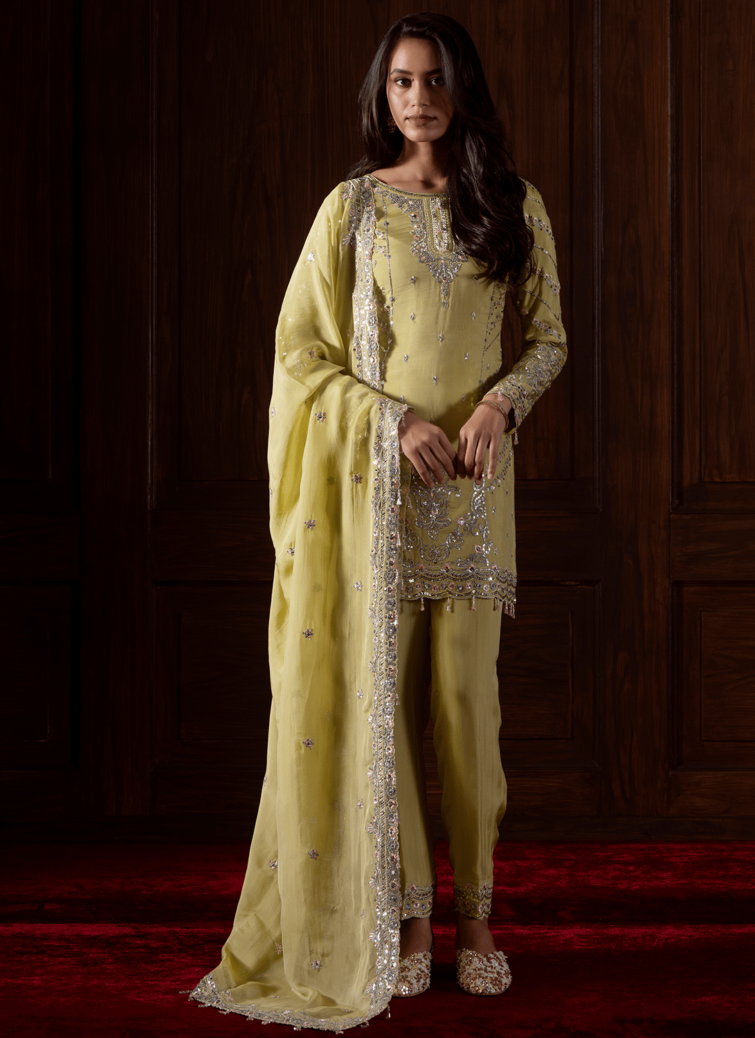 Lime Green Embroidered Viscose Organza Pant Suit