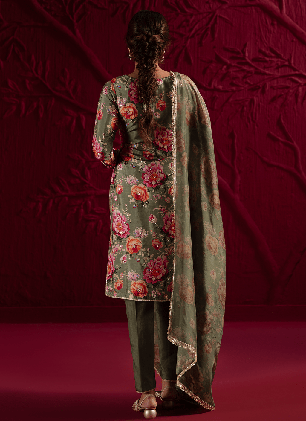Mehendi Green Floral Embroidered Crepe Silk Pant Suit