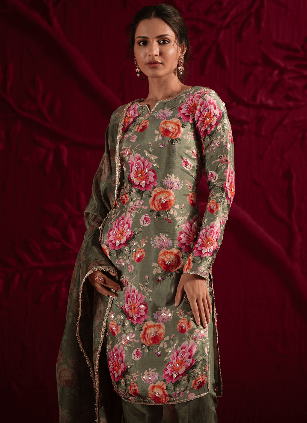 Mehendi Green Floral Embroidered Crepe Silk Pant Suit