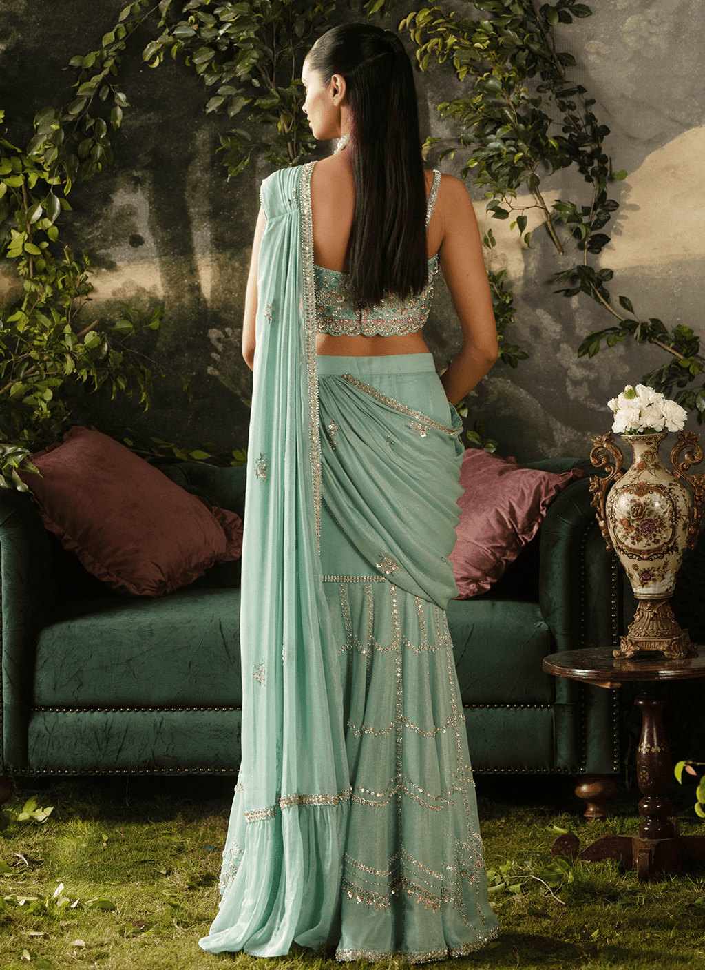 Mint Blue Embroidered Georgette Saree