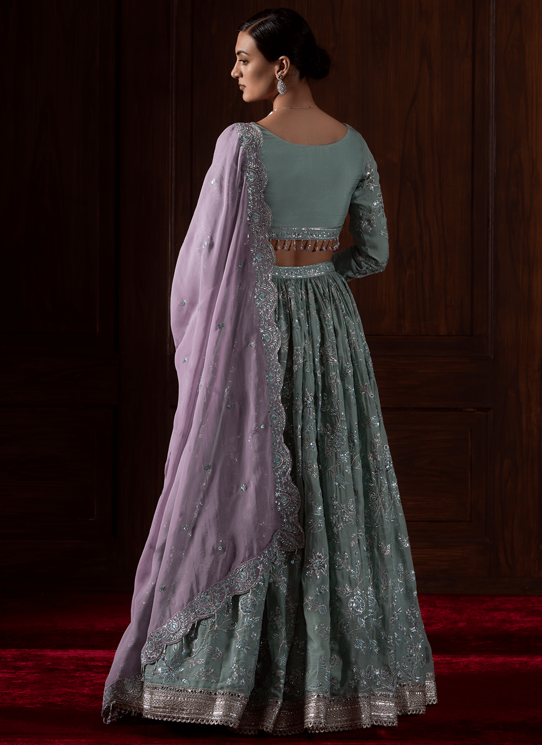 Mint Green Embroidered Viscose Organza Lehenga