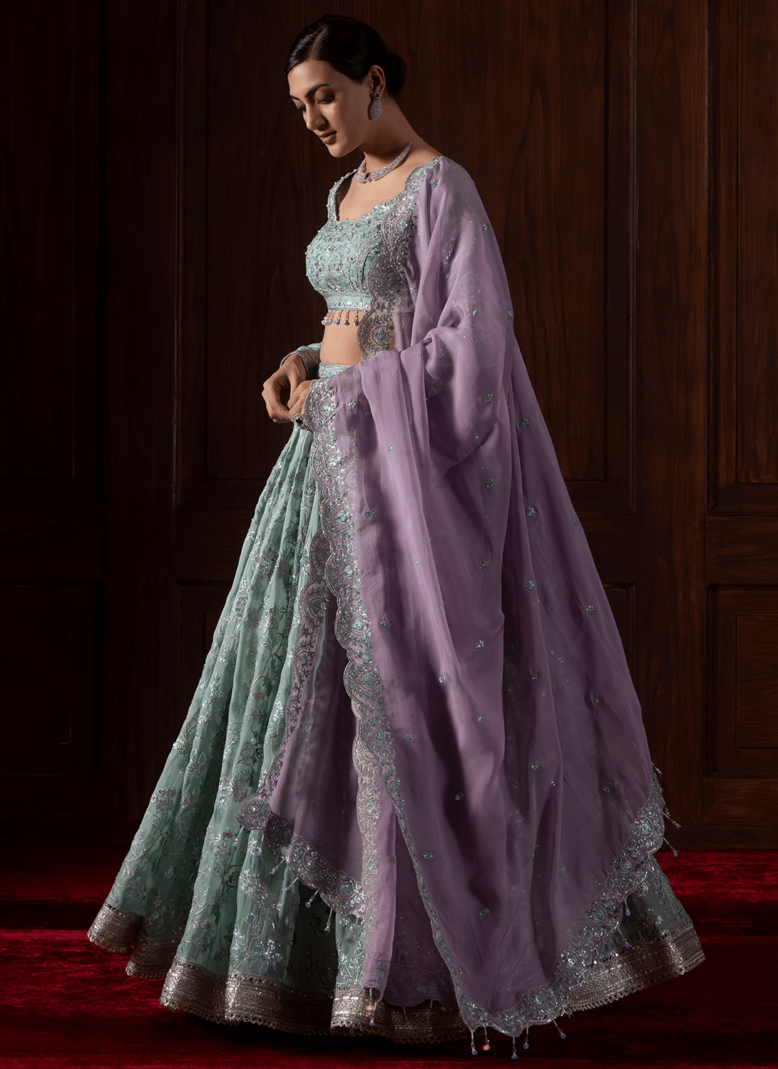 Mint Green Embroidered Viscose Organza Lehenga