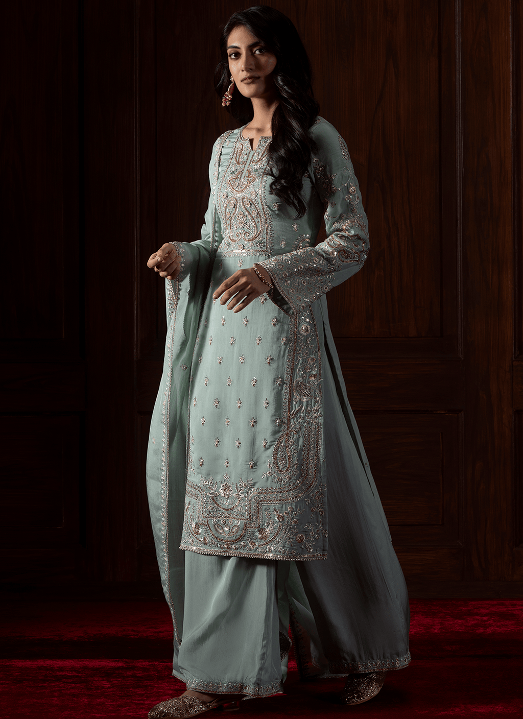 Mint Green Embroidered Viscose Organza Palazzo