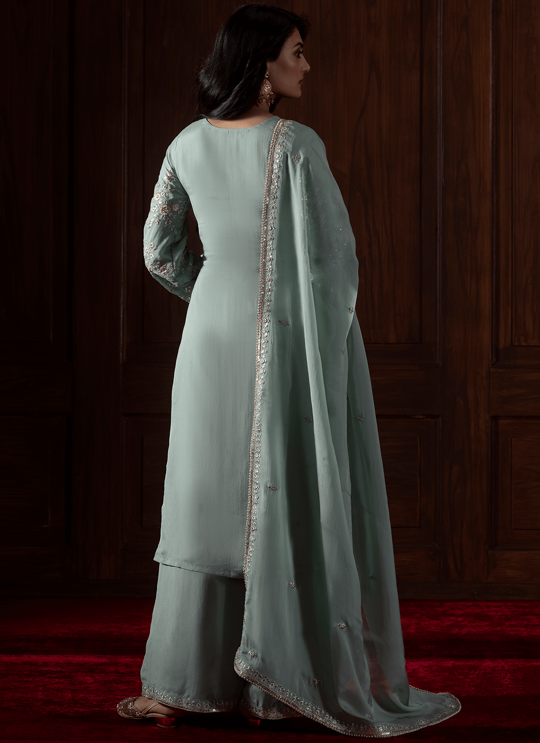 Mint Green Embroidered Viscose Organza Palazzo
