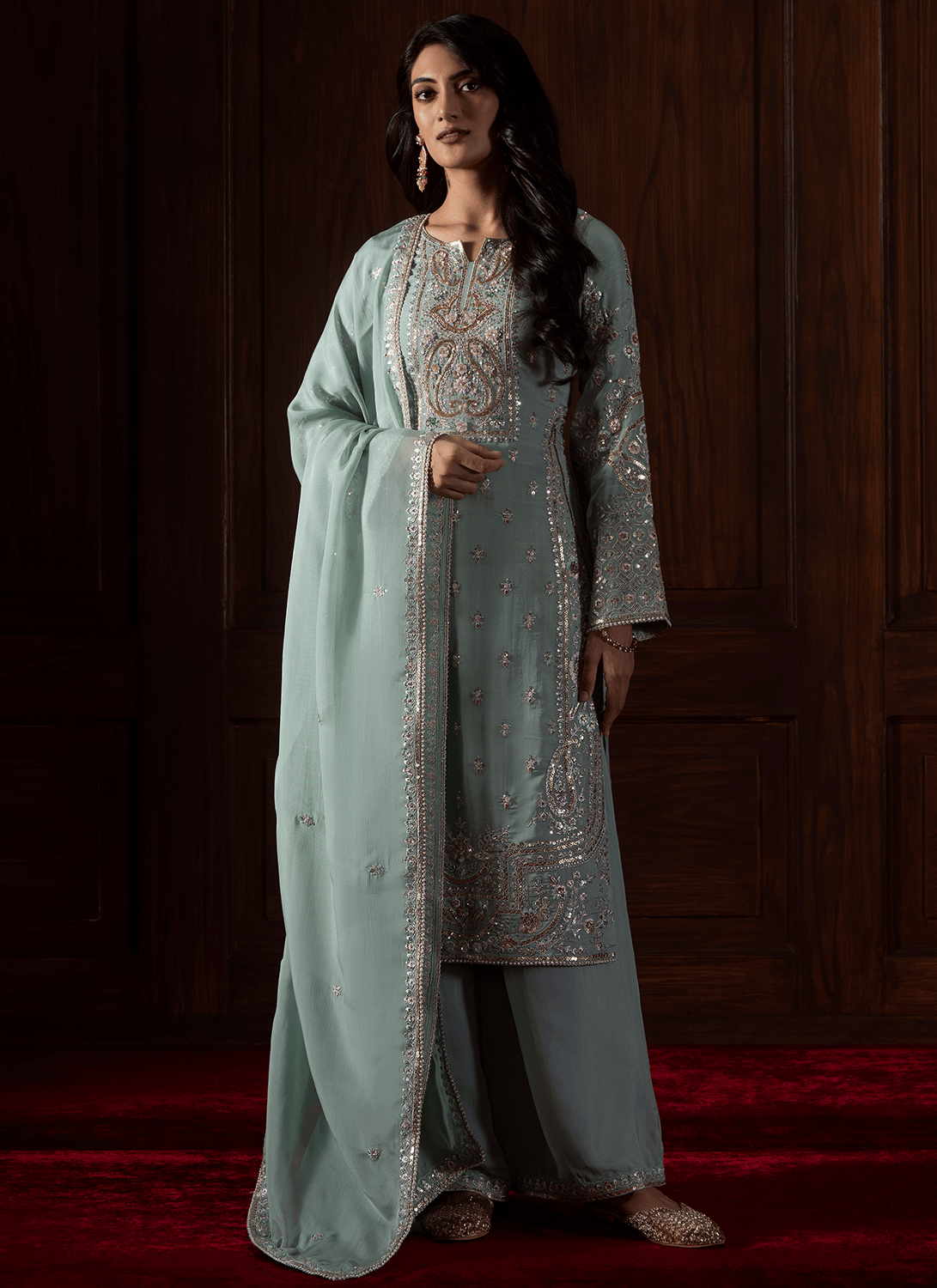Mint Green Embroidered Viscose Organza Palazzo