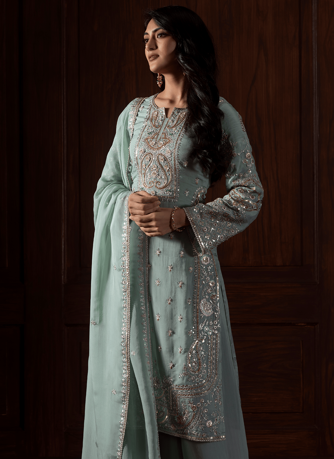 Mint Green Embroidered Viscose Organza Palazzo