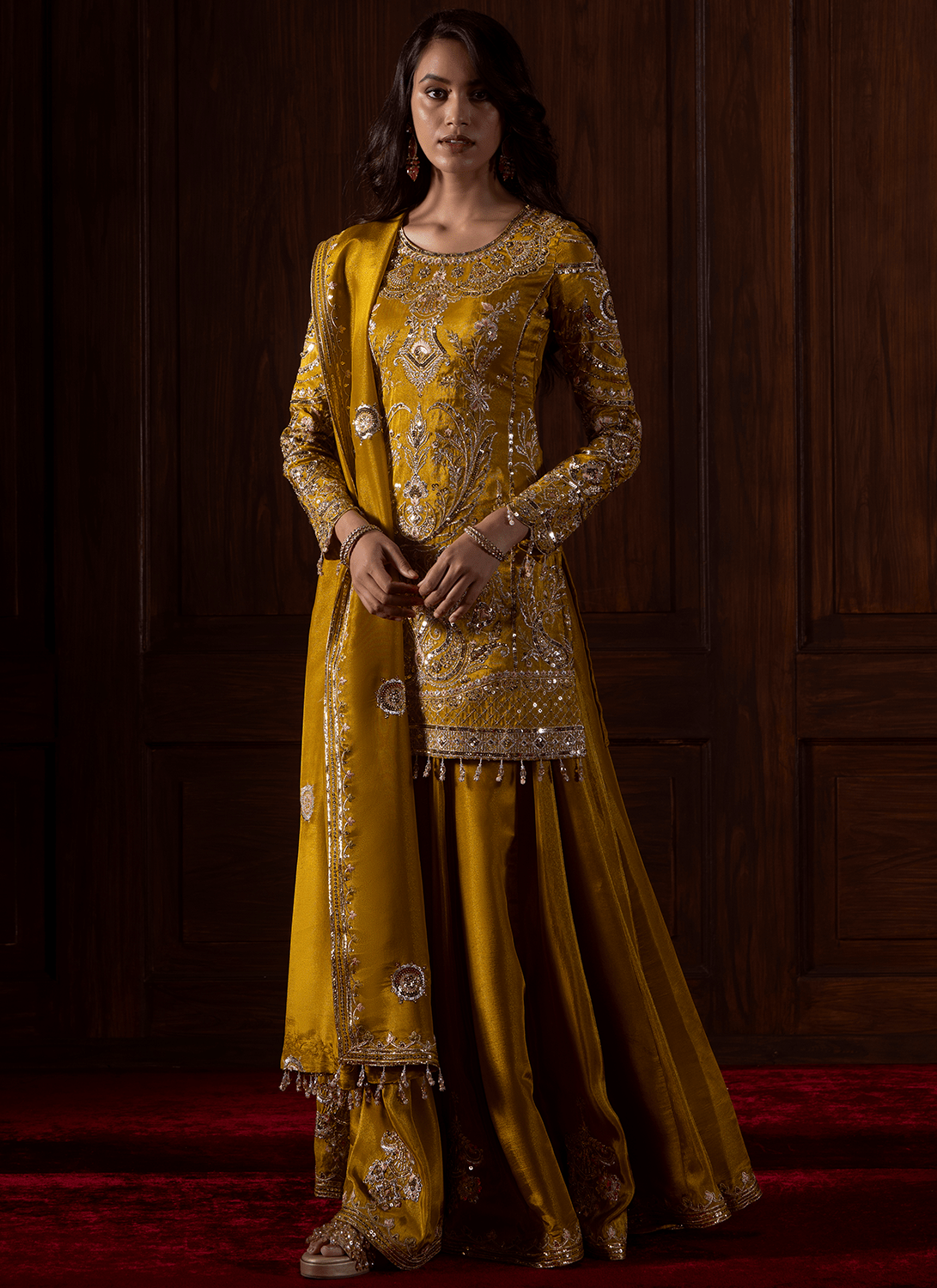 Mustard Embroidered Tissue Organza Sharara